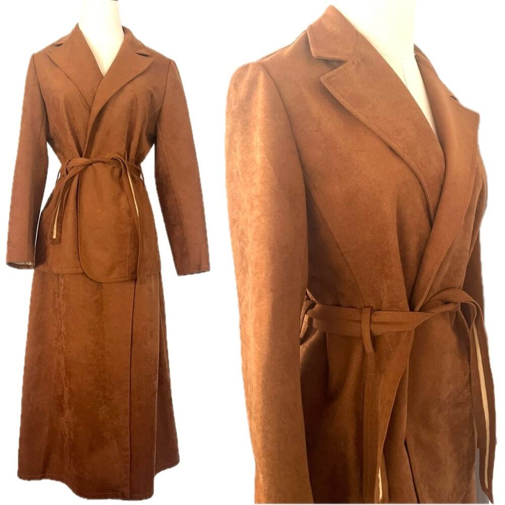 Vintage 70s Faux Suede Suit Matching Blazer and Midi Wrap Skirt Large Caramel